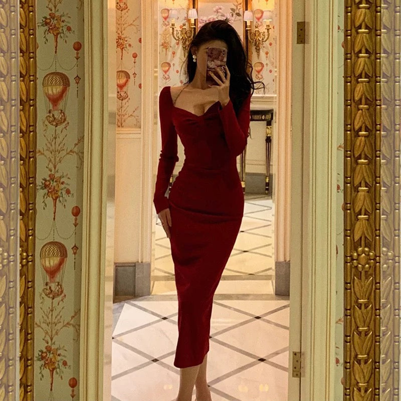 Classy Sheath V Neckline Long Sleeves Red Prom Dresses Birthday Outfits Evening Gown
