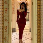 Classy Sheath V Neckline Long Sleeves Red Prom Dresses Birthday Outfits Evening Gown