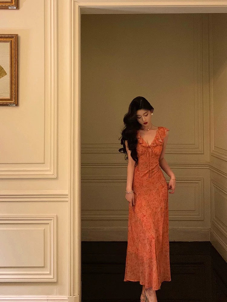 Classy A line V neckline Orange Chiffon Long Prom Dresses Birthday Outfits Evening Gown
