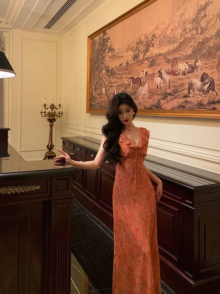 Classy A line V neckline Orange Chiffon Long Prom Dresses Birthday Outfits Evening Gown