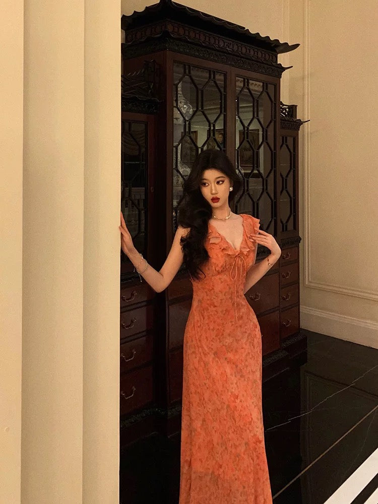 Classy A line V neckline Orange Chiffon Long Prom Dresses Birthday Outfits Evening Gown