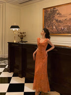 Classy A line V neckline Orange Chiffon Long Prom Dresses Birthday Outfits Evening Gown