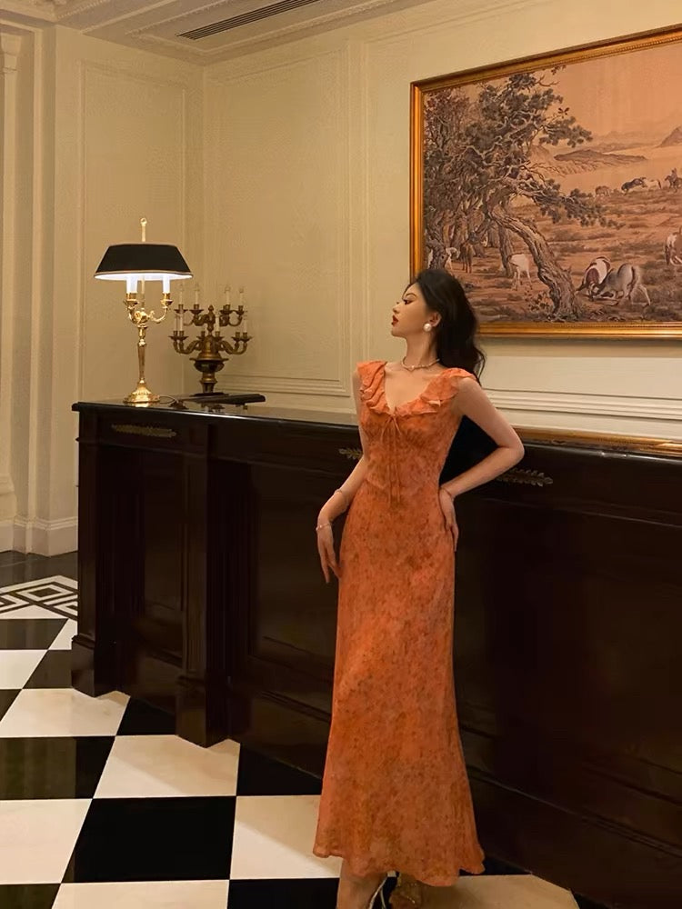 Classy A line V neckline Orange Chiffon Long Prom Dresses Birthday Outfits Evening Gown