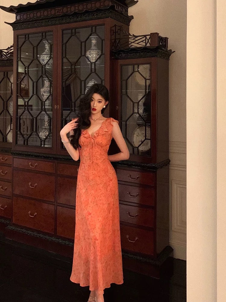 Classy A line V neckline Orange Chiffon Long Prom Dresses Birthday Outfits Evening Gown