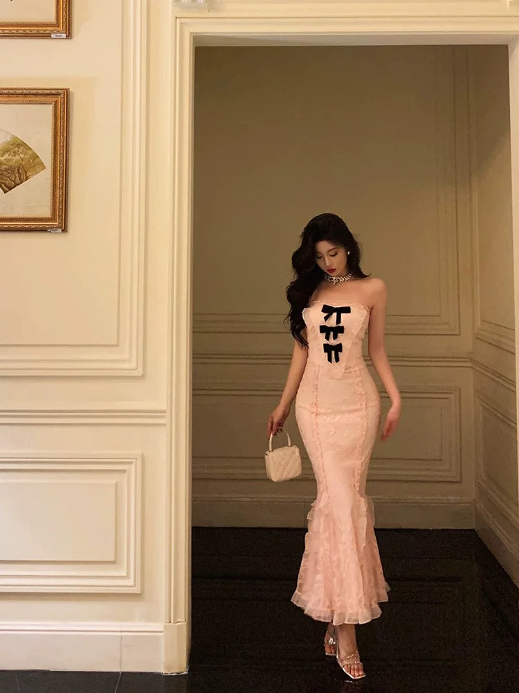 Classy Mermaid Strapless Lace Pink Prom Dresses Birthday Outfits Evening Gown