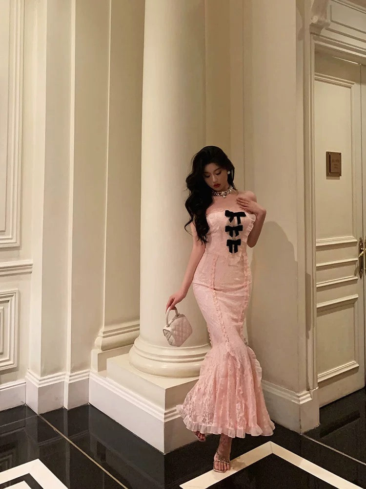 Classy Mermaid Strapless Lace Pink Prom Dresses Birthday Outfits Evening Gown