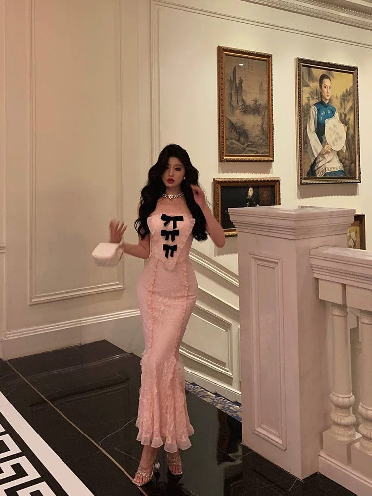 Classy Mermaid Strapless Lace Pink Prom Dresses Birthday Outfits Evening Gown