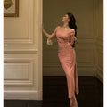 Sexy Sheath Square Neckline Pink Prom Dresses Slit Birthday Outfits Evening Gown