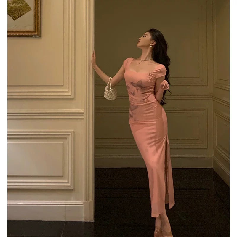 Sexy Sheath Square Neckline Pink Prom Dresses Slit Birthday Outfits Evening Gown