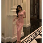 Sexy Sheath Square Neckline Pink Prom Dresses Slit Birthday Outfits Evening Gown