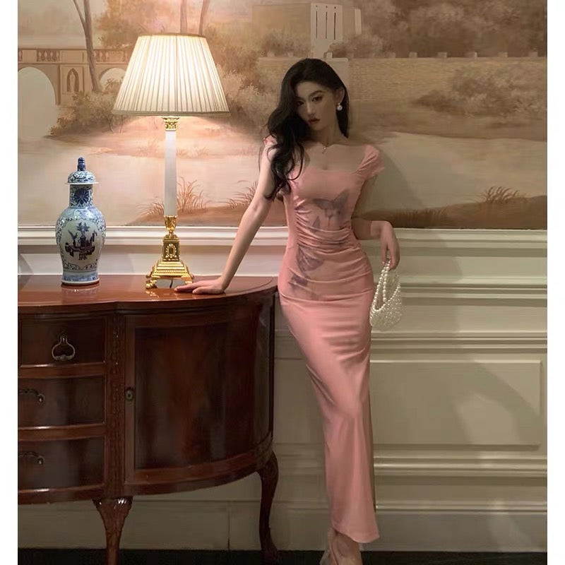Sexy Sheath Square Neckline Pink Prom Dresses Slit Birthday Outfits Evening Gown