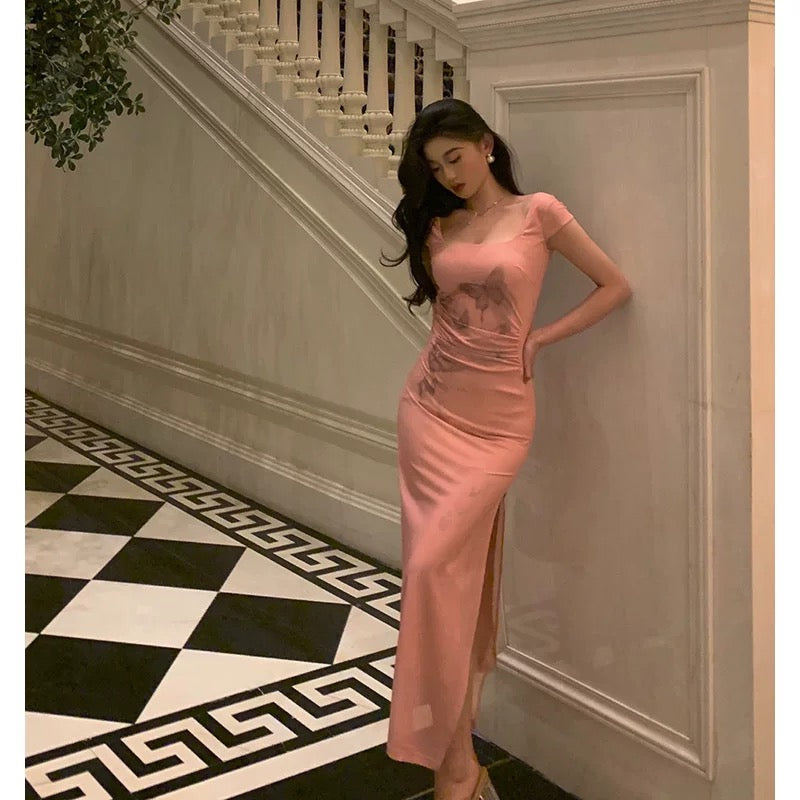 Sexy Sheath Square Neckline Pink Prom Dresses Slit Birthday Outfits Evening Gown