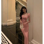 Sexy Sheath Square Neckline Pink Prom Dresses Slit Birthday Outfits Evening Gown