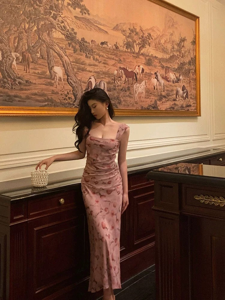 Sexy Sheath Square Neckline Floral Pink Prom Dresses Birthday Outfits Evening Gown