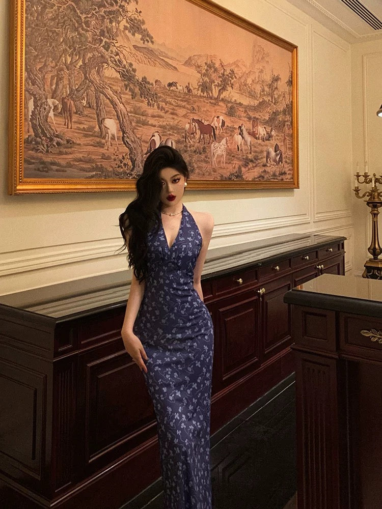 Sexy Sheath V Neckline Floral Blue Prom Dresses Birthday Outfits Evening Gown