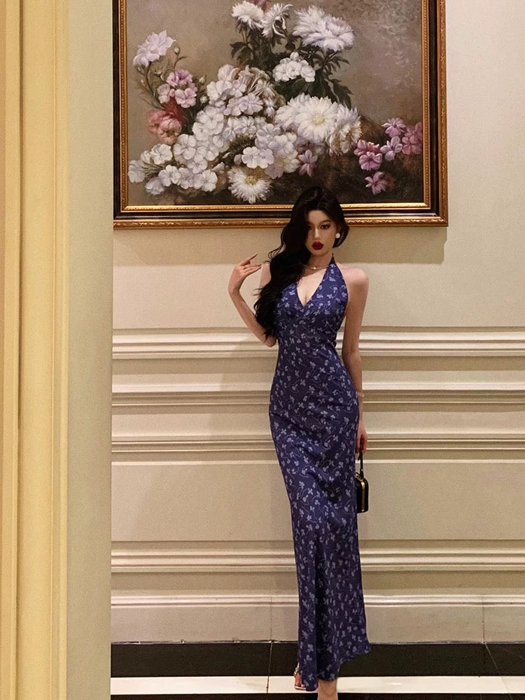 Sexy Sheath V Neckline Floral Blue Prom Dresses Birthday Outfits Evening Gown