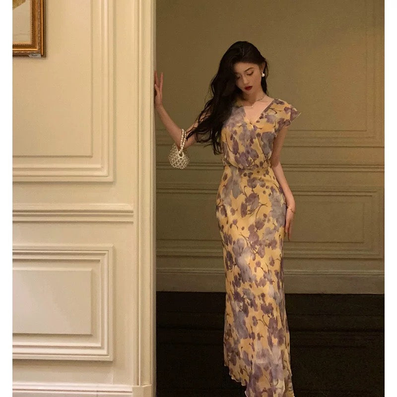 Sexy French Sheath V Neckline Floral Long Prom Dresses Birthday Outfits Evening Gown