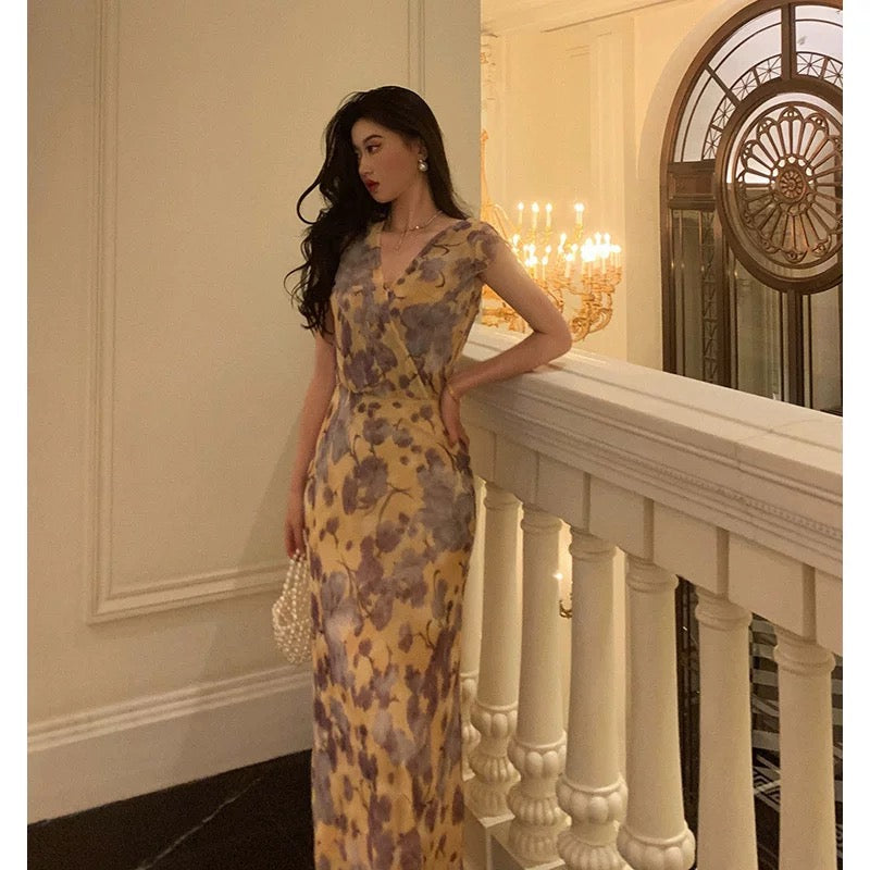Sexy French Sheath V Neckline Floral Long Prom Dresses Birthday Outfits Evening Gown