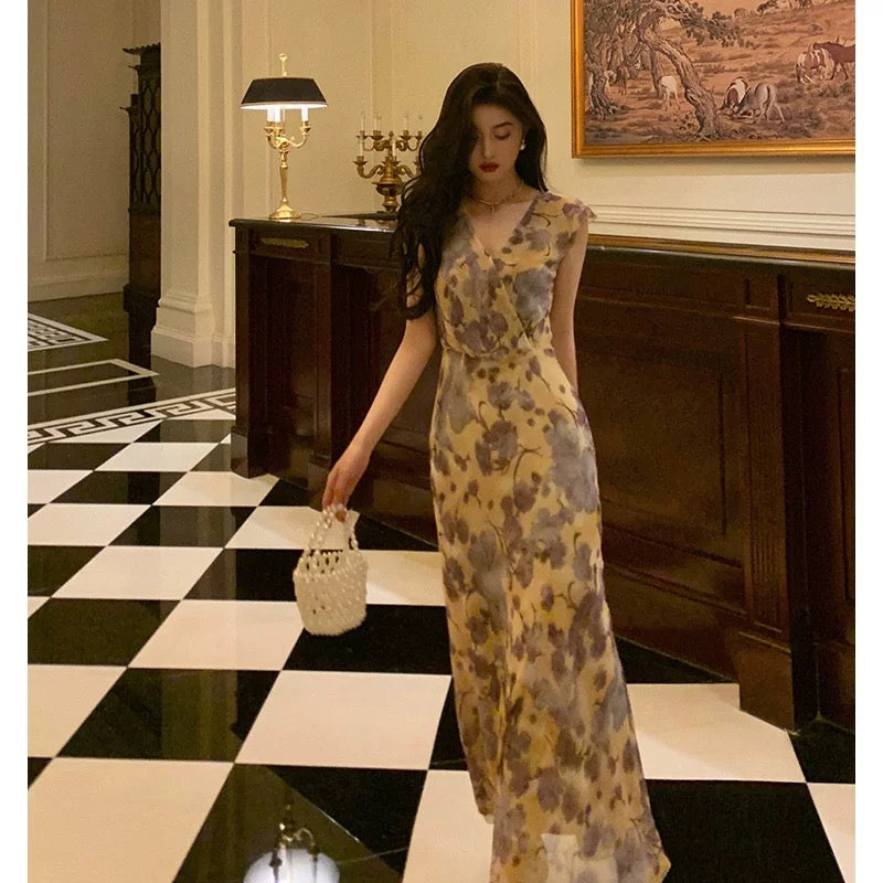 Sexy French Sheath V Neckline Floral Long Prom Dresses Birthday Outfits Evening Gown