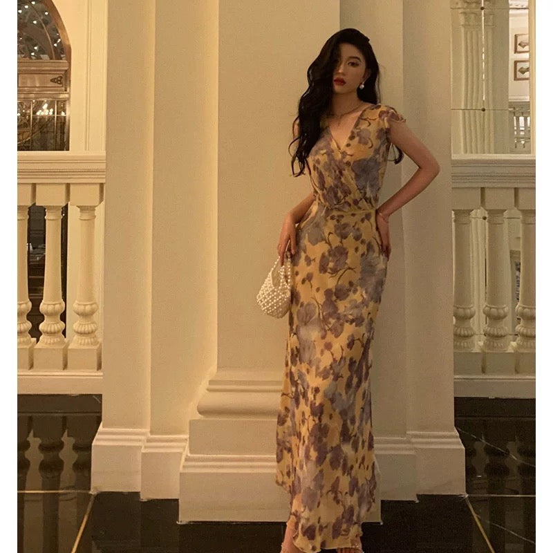 Sexy French Sheath V Neckline Floral Long Prom Dresses Birthday Outfits Evening Gown