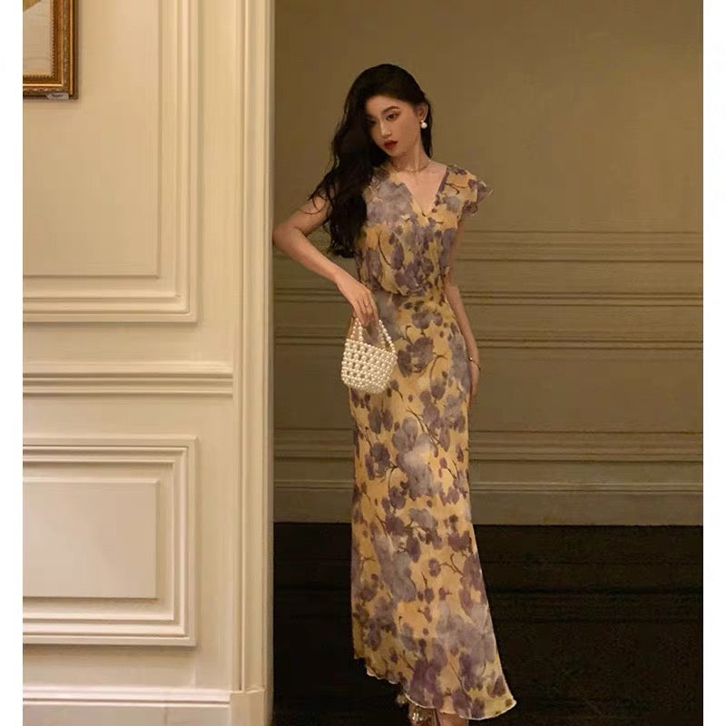 Sexy French Sheath V Neckline Floral Long Prom Dresses Birthday Outfits Evening Gown