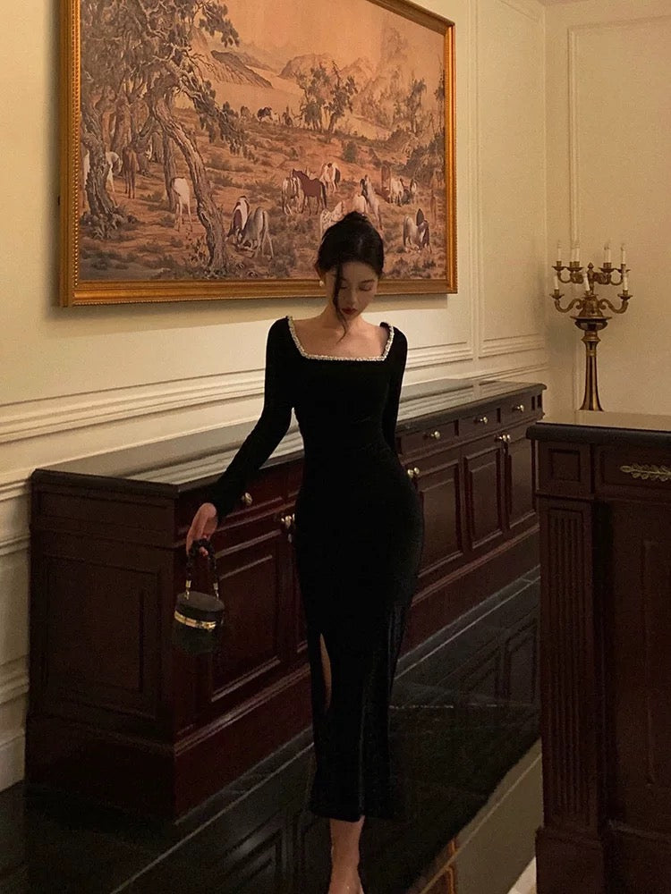 Sexy French Sheath Square Neckline Black Prom Dresses Birthday Outfits Evening Gown