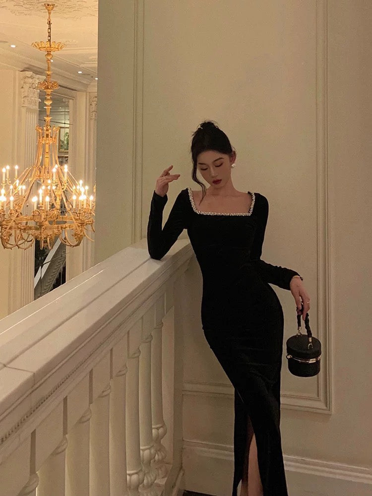 Sexy French Sheath Square Neckline Black Prom Dresses Birthday Outfits Evening Gown