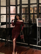 Sexy French Sheath Off The Shoulder Burgundy Split Prom Dresses Birthday Outfits Evening Gown