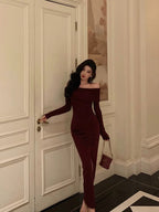 Sexy French Sheath Off The Shoulder Burgundy Split Prom Dresses Birthday Outfits Evening Gown