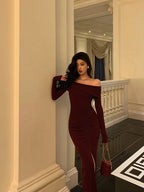 Sexy French Sheath Off The Shoulder Burgundy Split Prom Dresses Birthday Outfits Evening Gown