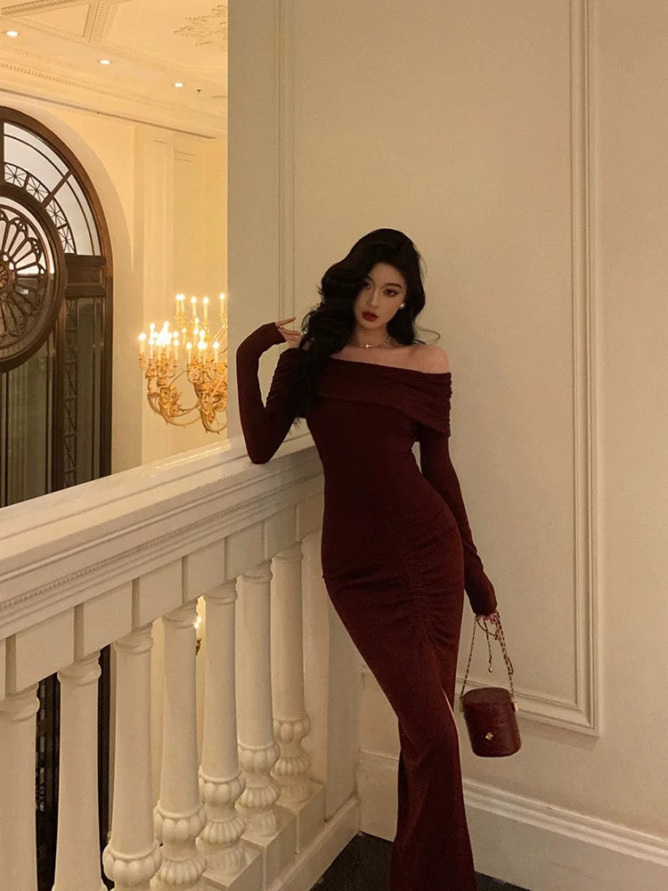 Sexy French Sheath Off The Shoulder Burgundy Split Prom Dresses Birthday Outfits Evening Gown