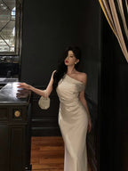 Sexy French Sheath One Shoulder White Prom Dresses Birthday Outfits Evening Gown