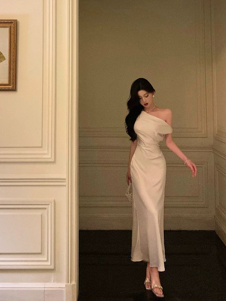 Sexy French Sheath One Shoulder White Prom Dresses Birthday Outfits Evening Gown