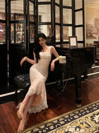 Sexy French Mermaid Square Neckline Lace White Prom Dresses Birthday Outfits Evening Gown