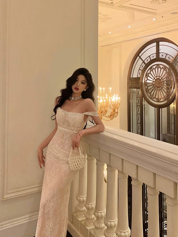 Sexy French Mermaid Square Neckline Lace White Prom Dresses Birthday Outfits Evening Gown