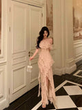 Classy Sheath Spaghetti Straps Floral Long Slit Prom Dresses Birthday Outfits Evening Gown