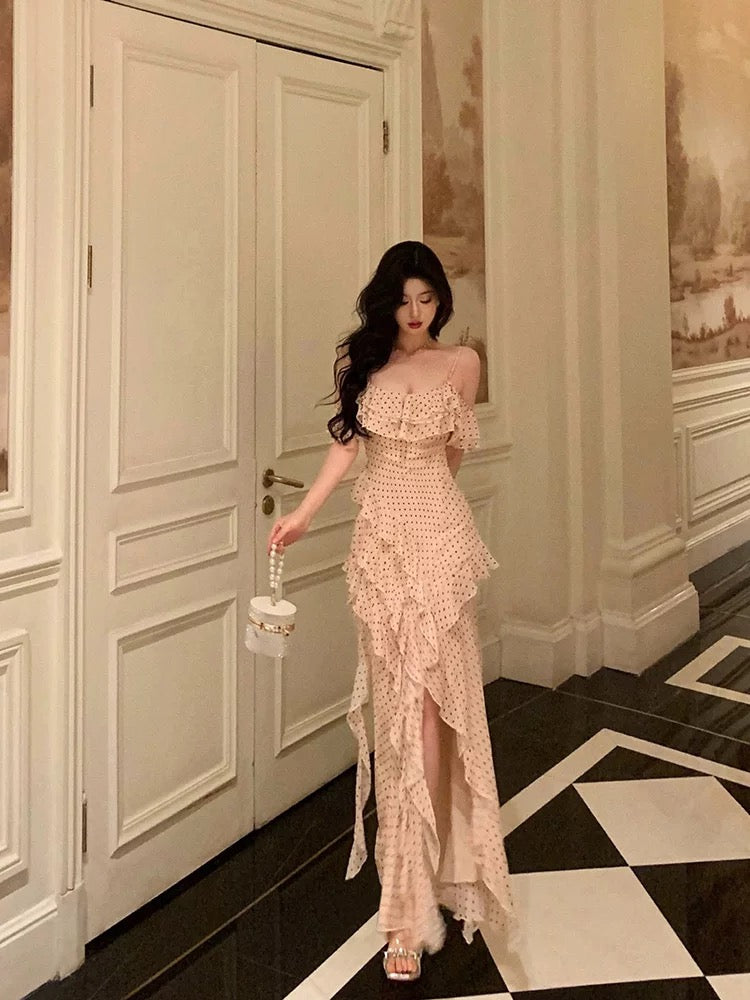 Classy Sheath Spaghetti Straps Floral Long Slit Prom Dresses Birthday Outfits Evening Gown
