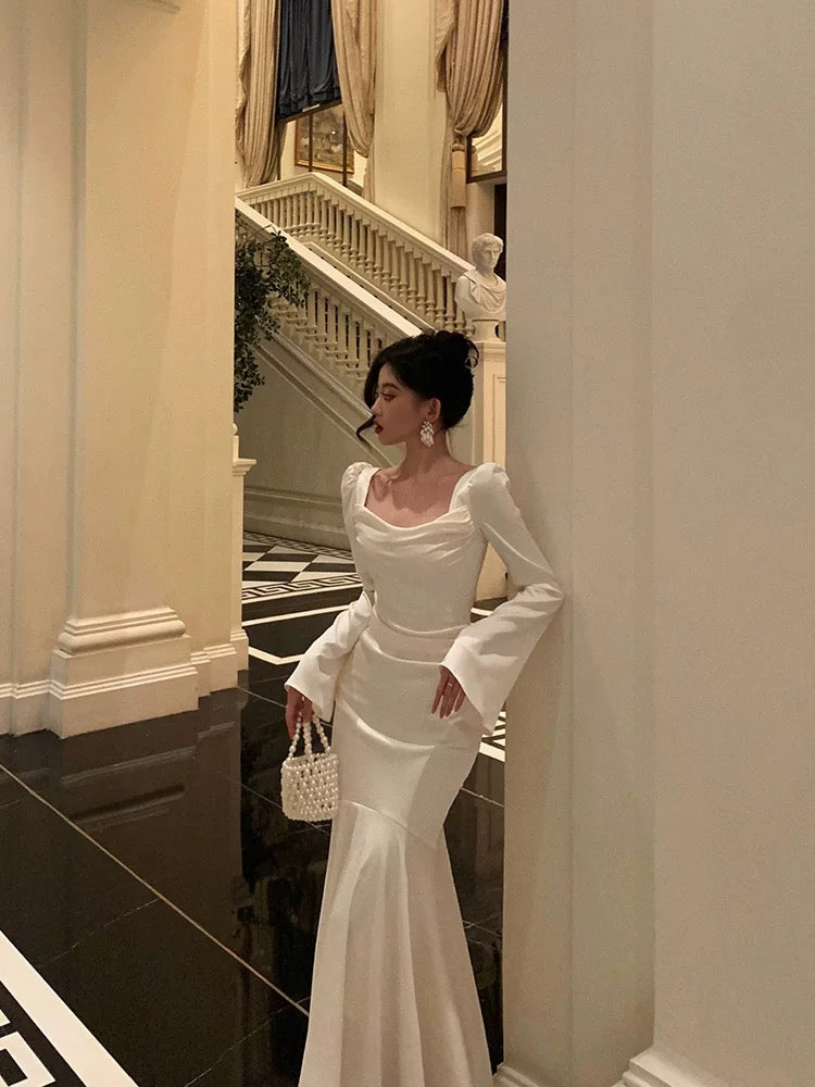 Sexy French Sheath Square Neckline Ivory Long Sleeves Prom Dresses Birthday Outfits Evening Gown