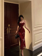 Sexy French Mermaid Spaghetti Straps Burgundy Prom Dresses Birthday Outfits Evening Gown