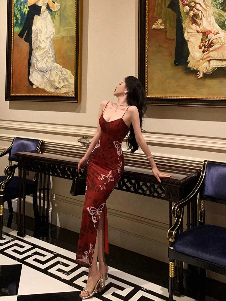 Sexy French Mermaid Spaghetti Straps Burgundy Prom Dresses Birthday Outfits Evening Gown
