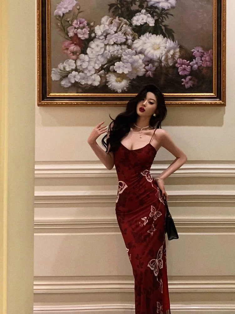 Sexy French Mermaid Spaghetti Straps Burgundy Prom Dresses Birthday Outfits Evening Gown