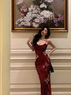 Sexy French Mermaid Spaghetti Straps Burgundy Prom Dresses Birthday Outfits Evening Gown