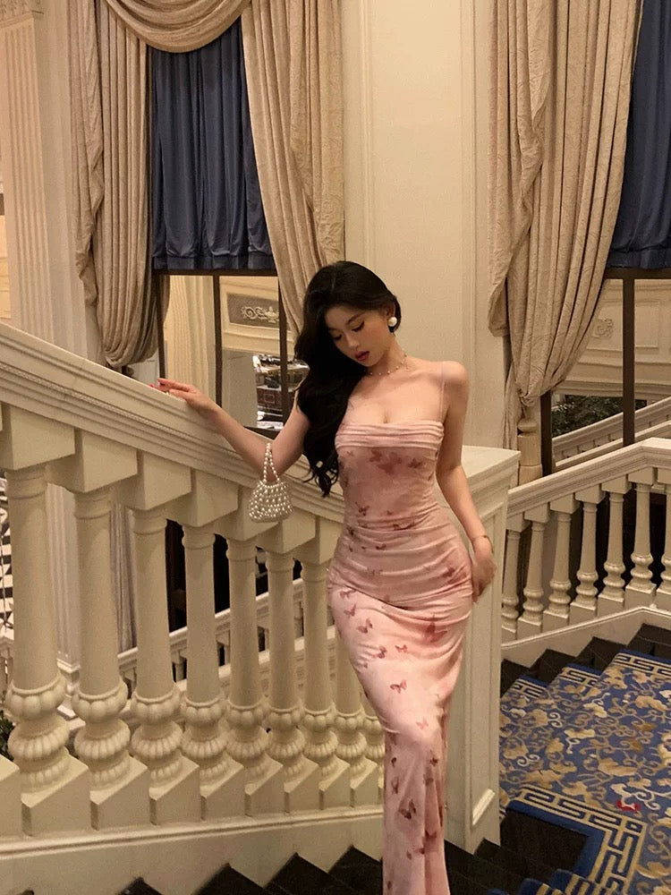 Classy Mermaid Spaghetti Straps Pink Flora Prom Dresses Birthday Outfits Evening Gown