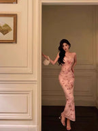 Classy Mermaid Spaghetti Straps Pink Flora Prom Dresses Birthday Outfits Evening Gown