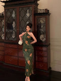 Classy Sheath Halter Green Slit Prom Dresses Birthday Outfits Evening Gown