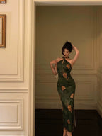 Classy Sheath Halter Green Slit Prom Dresses Birthday Outfits Evening Gown