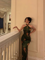 Classy Sheath Halter Green Slit Prom Dresses Birthday Outfits Evening Gown
