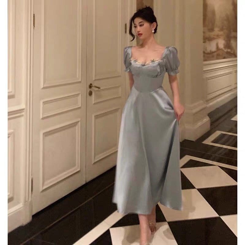 Classy A Line Sweetheart Blue Satin Prom Dresses Birthday Outfits Evening Gown