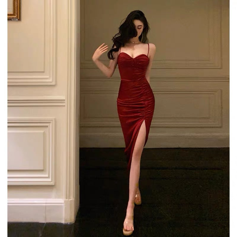 Classy Sheath Spaghetti Straps Burgundy Prom Dresses Birthday Outfits Evening Gown