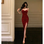Classy Sheath Spaghetti Straps Burgundy Prom Dresses Birthday Outfits Evening Gown